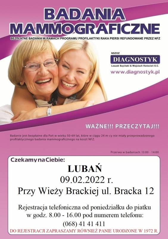 9 luty 2022 badania mammograficzne Lubań ul. Bracka 12